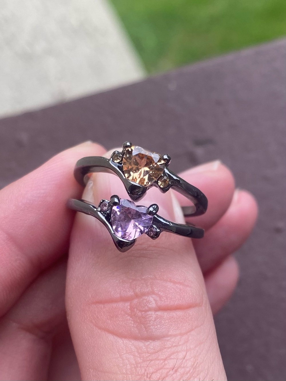 2 Ring Set - Heart Shaped Cubic Zirconia Stones Stainless Steel Rings Size 9.5